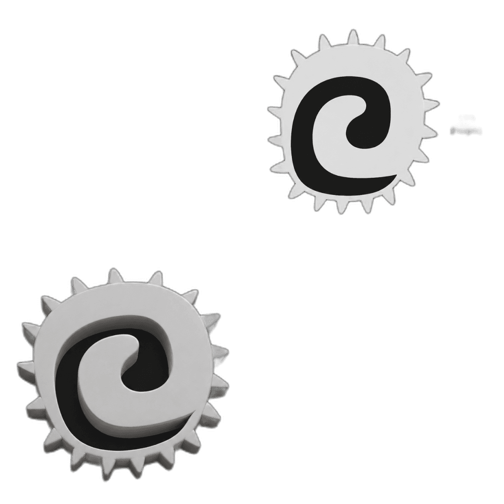 two light gray spiral gear-like emblems