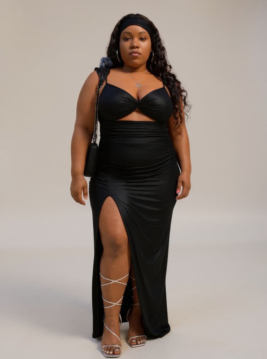 woman in black cutout ruched maxi dress