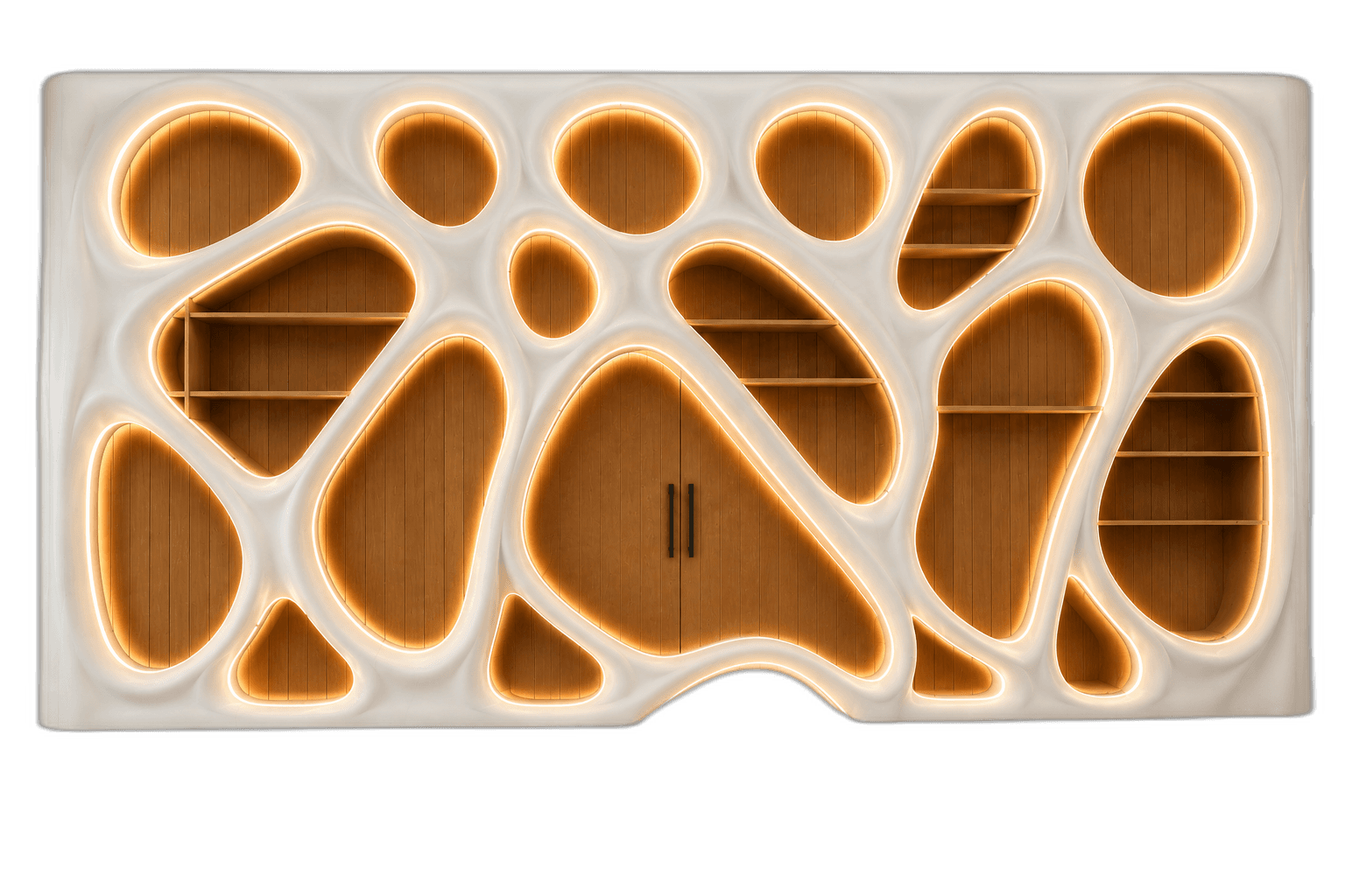 organic-shaped illuminated wall unit with shelves
