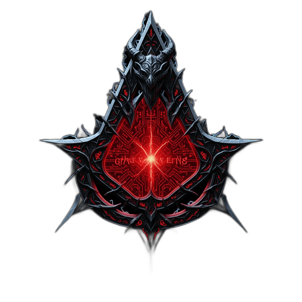 dark metallic emblem with glowing red circuitry