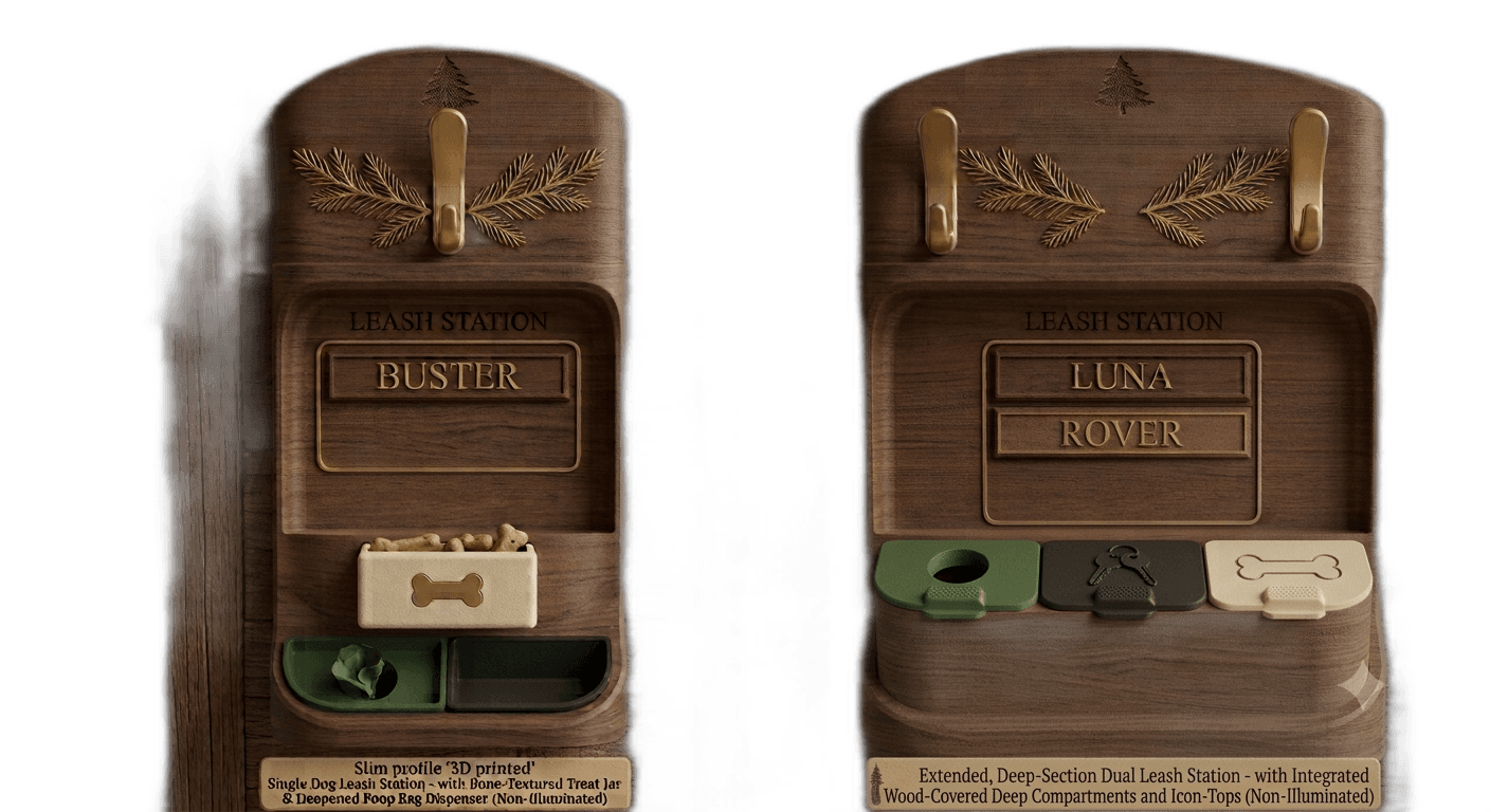 two wooden dog leash stations
