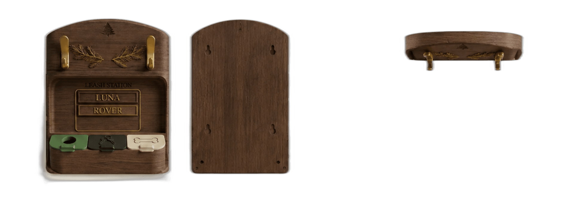wooden leash station with hooks and compartments