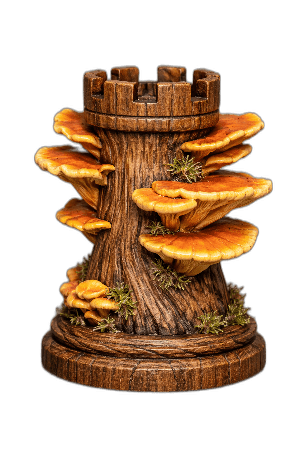 wooden castle tower with mushrooms and moss