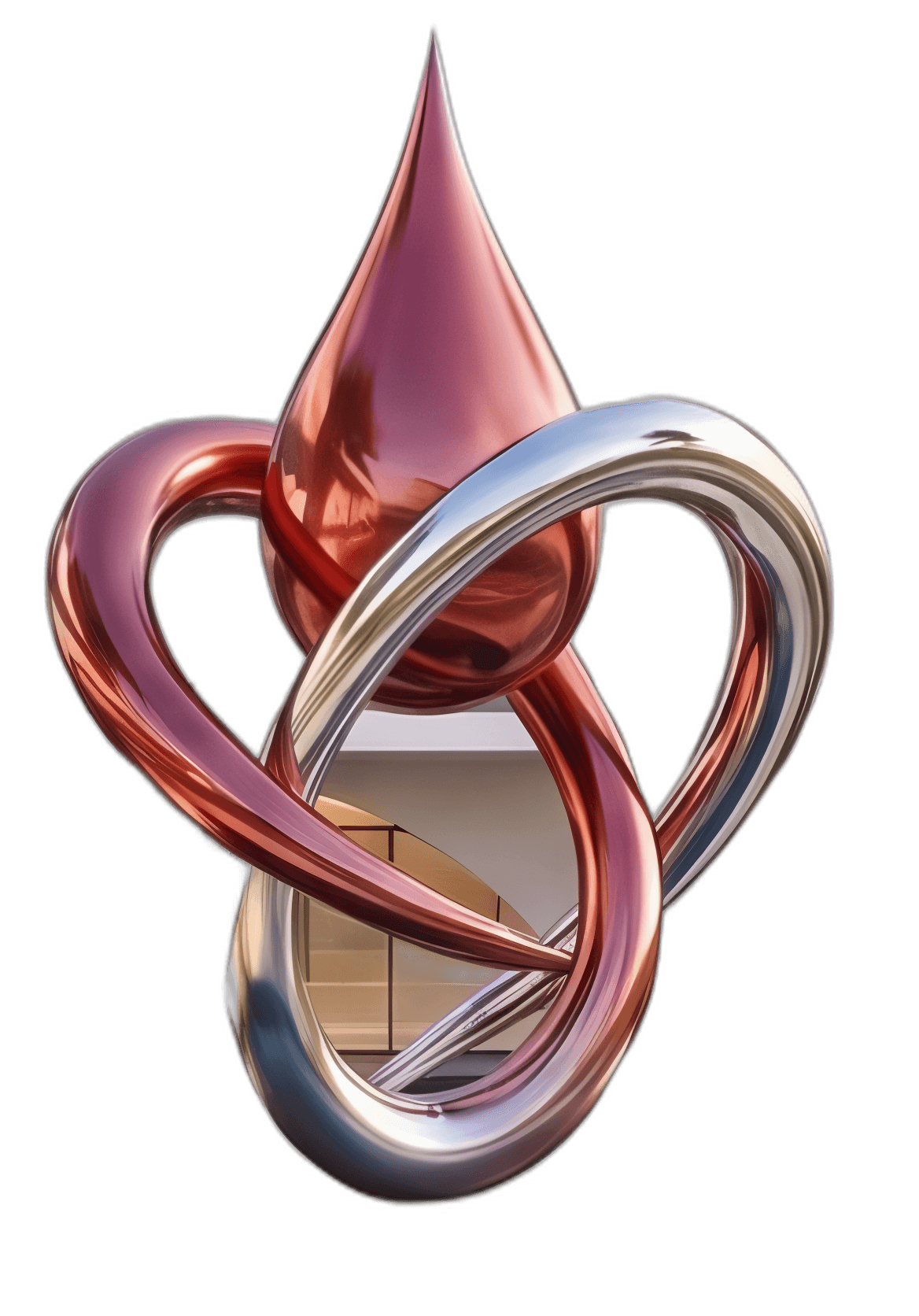 abstract metallic droplet and intertwined rings sculpture
