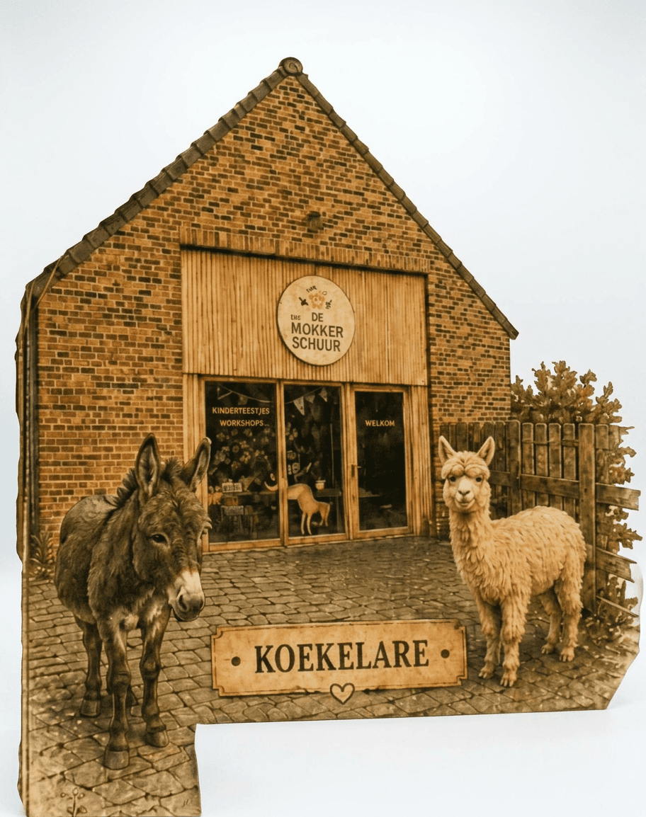 Cardboard cutout of a barn with donkey and alpaca