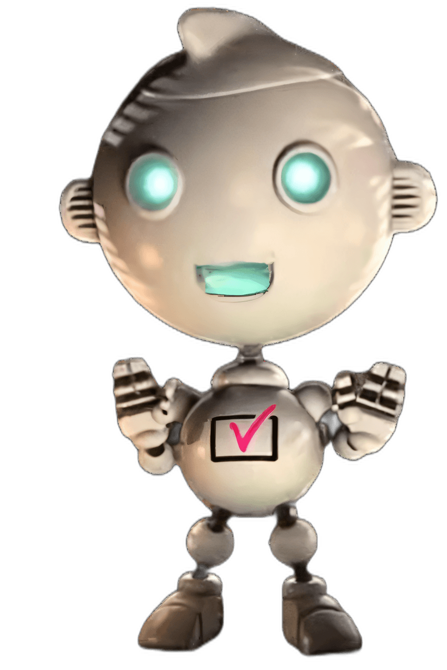cartoonish silver robot with glowing eyes