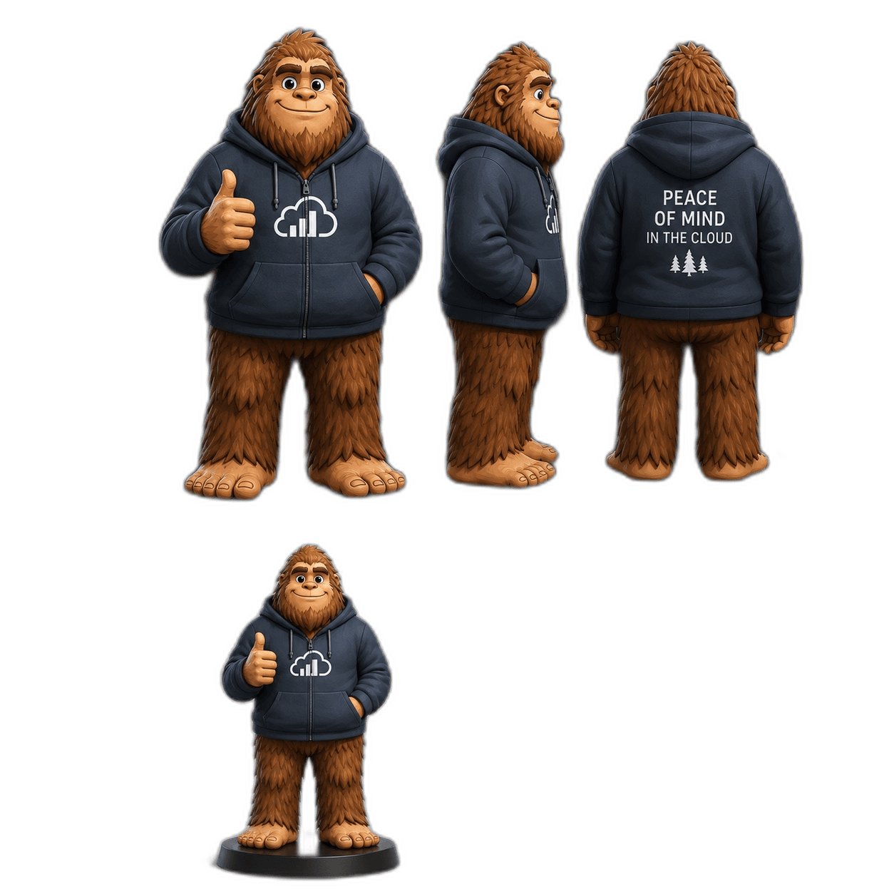Bigfoot mascot in blue hoodie
