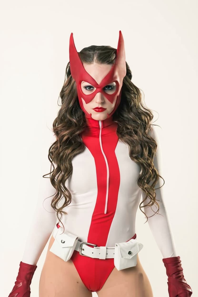 woman in red and white superhero costume
