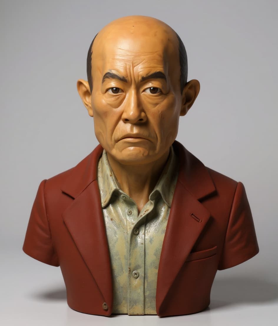realistic bald Asian man bust sculpture