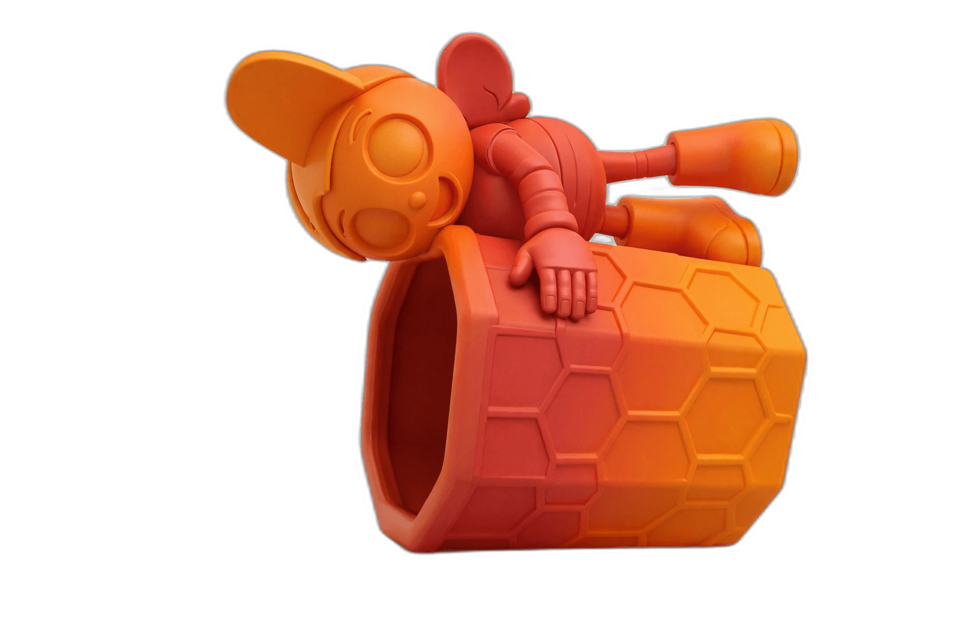 orange cartoon character on hexagonal tube