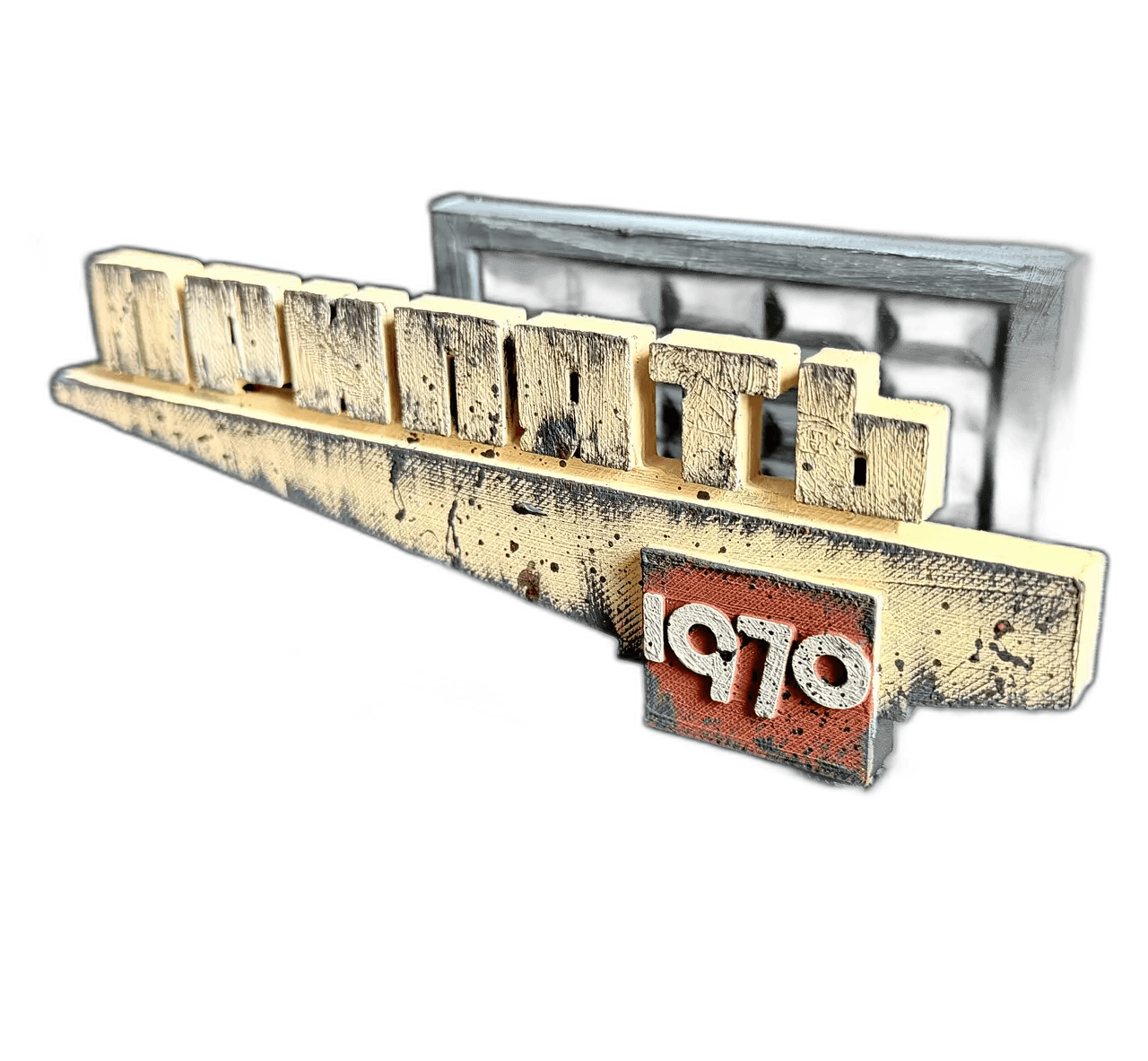 weathered '1970' sign with raised letters