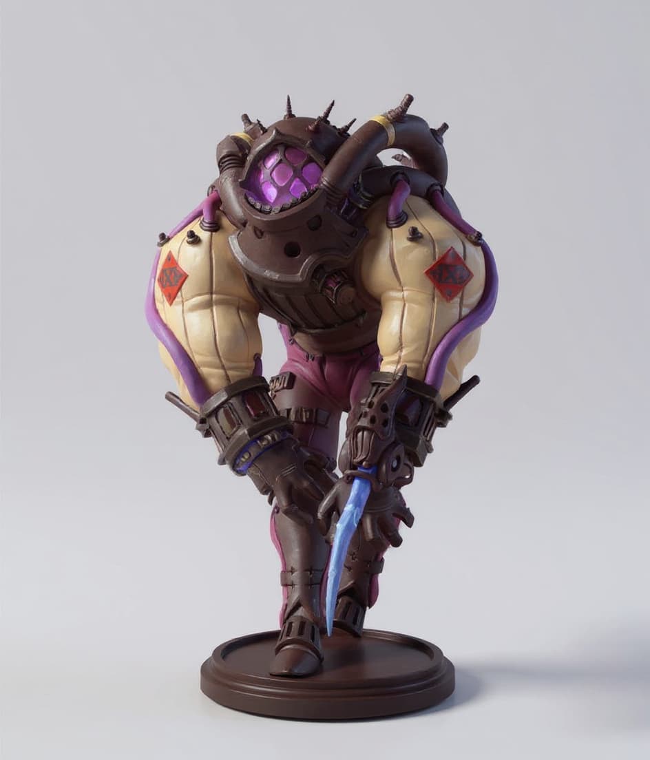 Spiked helmet character with purple tubes and dagger