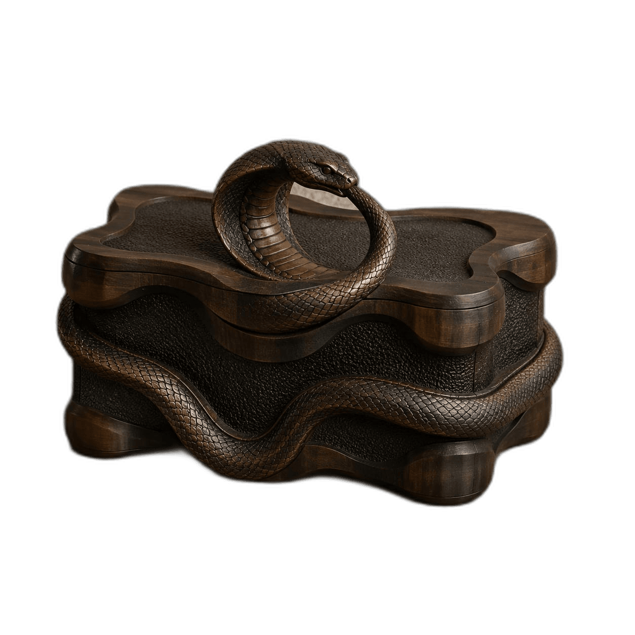 dark wood box with coiled cobra