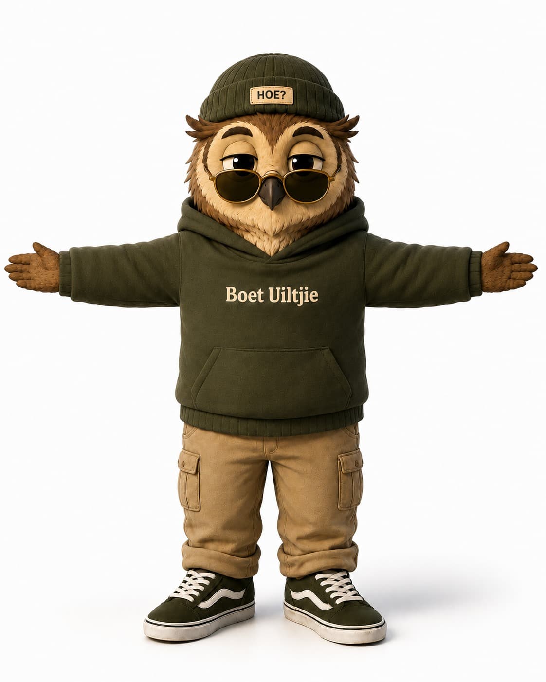 cartoon owl character in hoodie and cargo pants