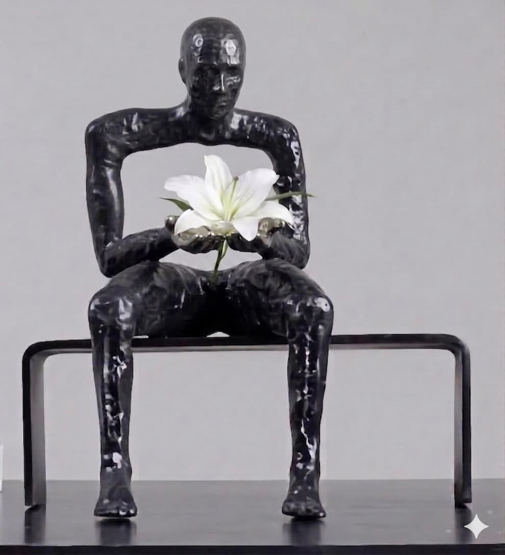 abstract human figure holding a white lily