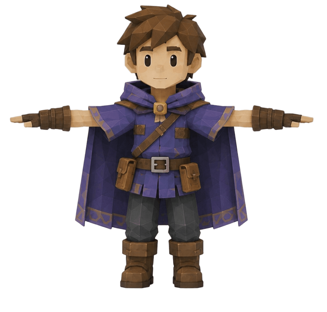 low-poly cartoon character in purple cloak