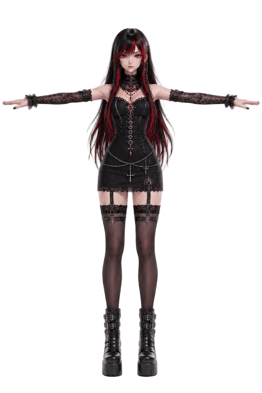 gothic anime girl in black dress and boots