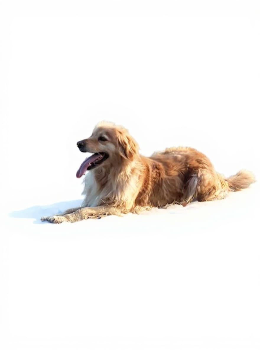 A golden retriever lying on white.