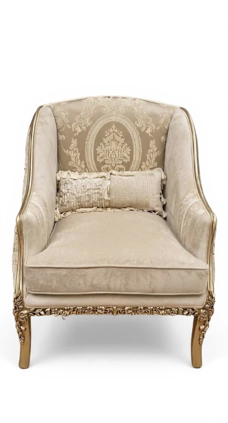beige upholstered armchair