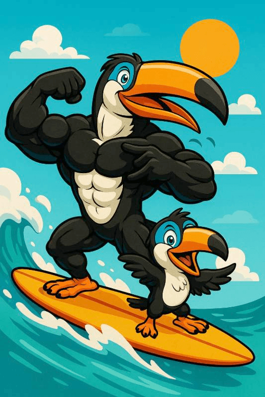 cartoon bird surfboard