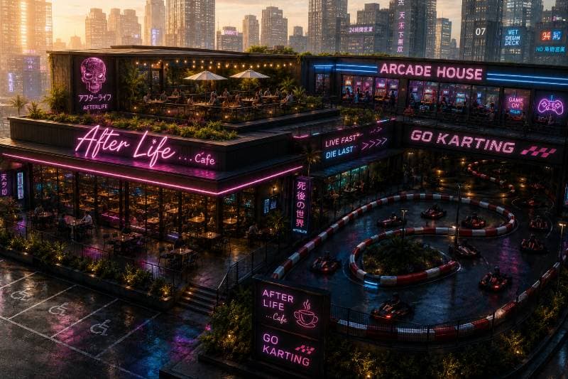 neon-lit rooftop bar