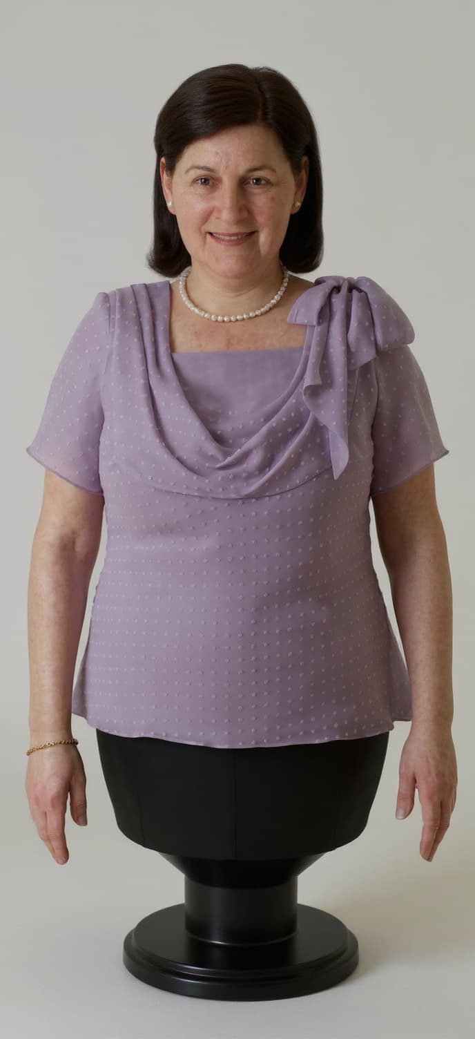 woman wearing a lavender blouse and black skirt