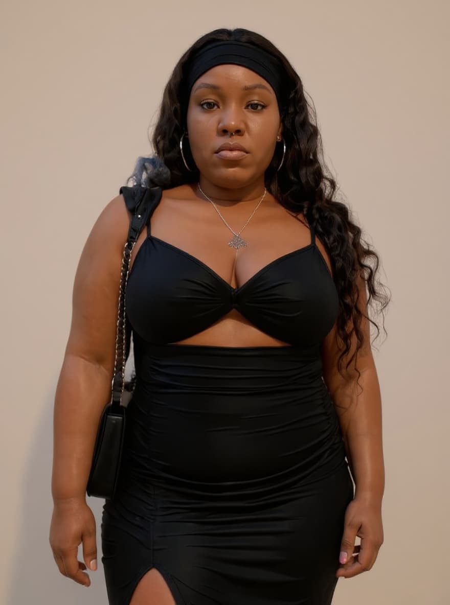 woman in black ruched cutout dress