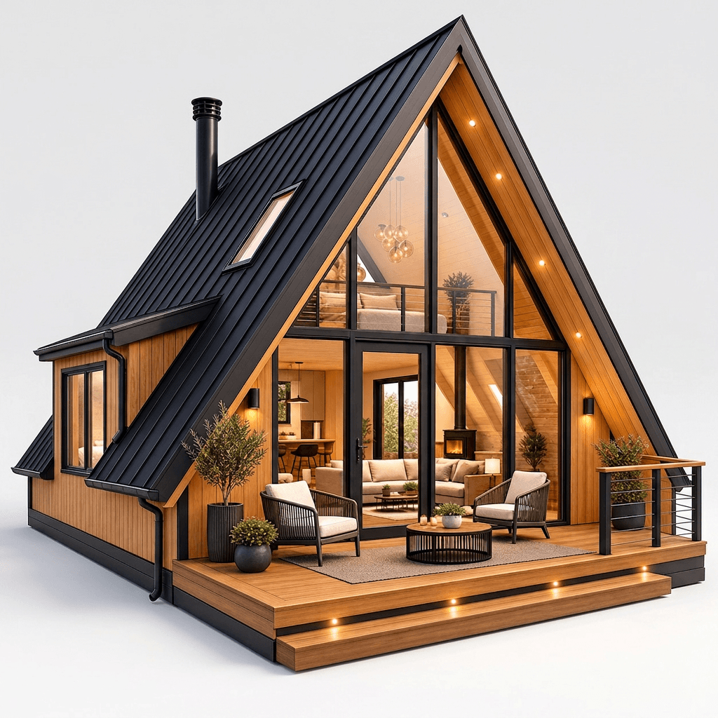 modern A-frame house with deck