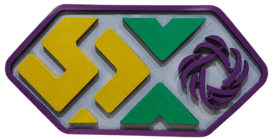 hexagonal sign with geometric shapes