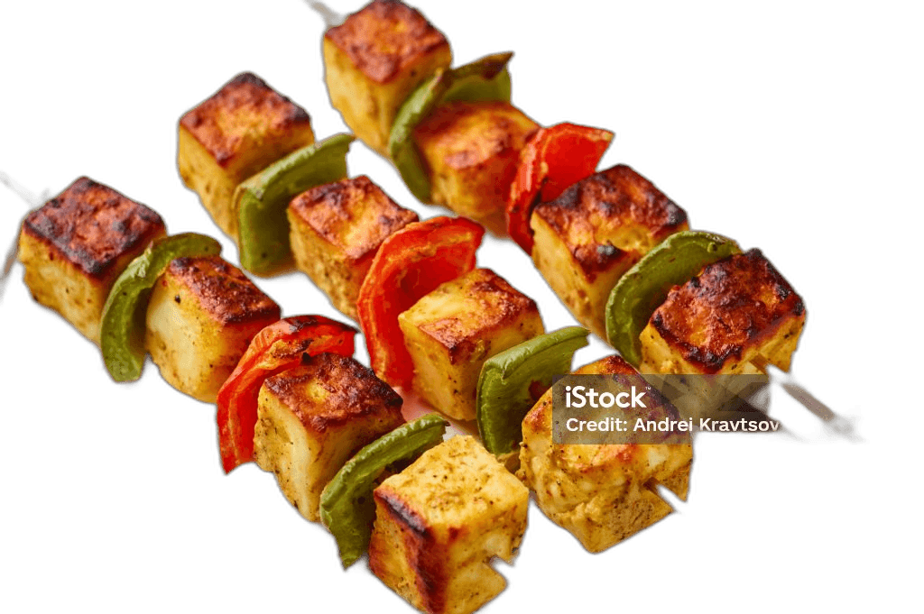 three paneer and vegetable skewers