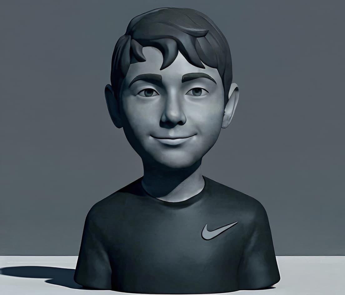Nike-branded cartoon boy bust sculpture