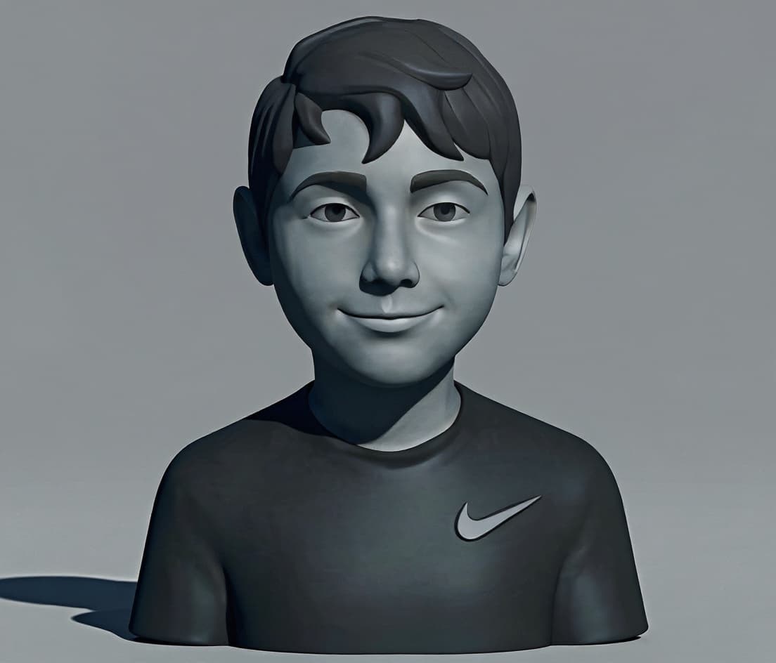 stylized bust of a smiling boy with Nike logo