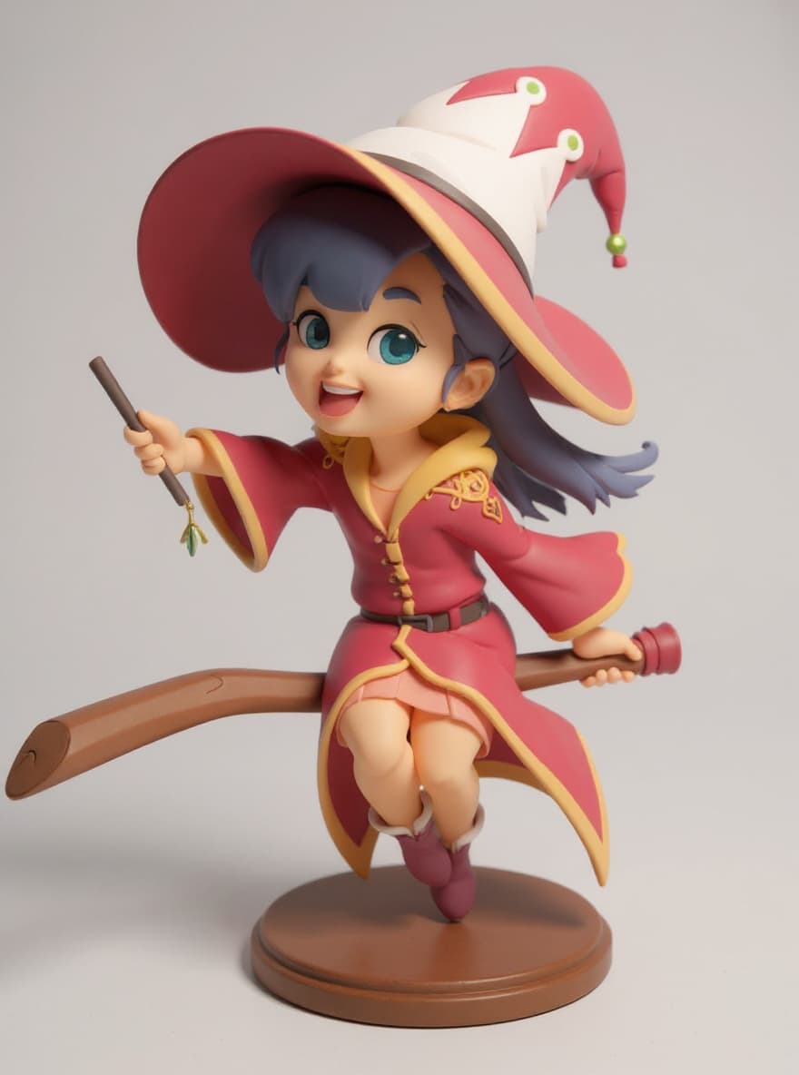 anime-style witch girl riding broomstick figurine
