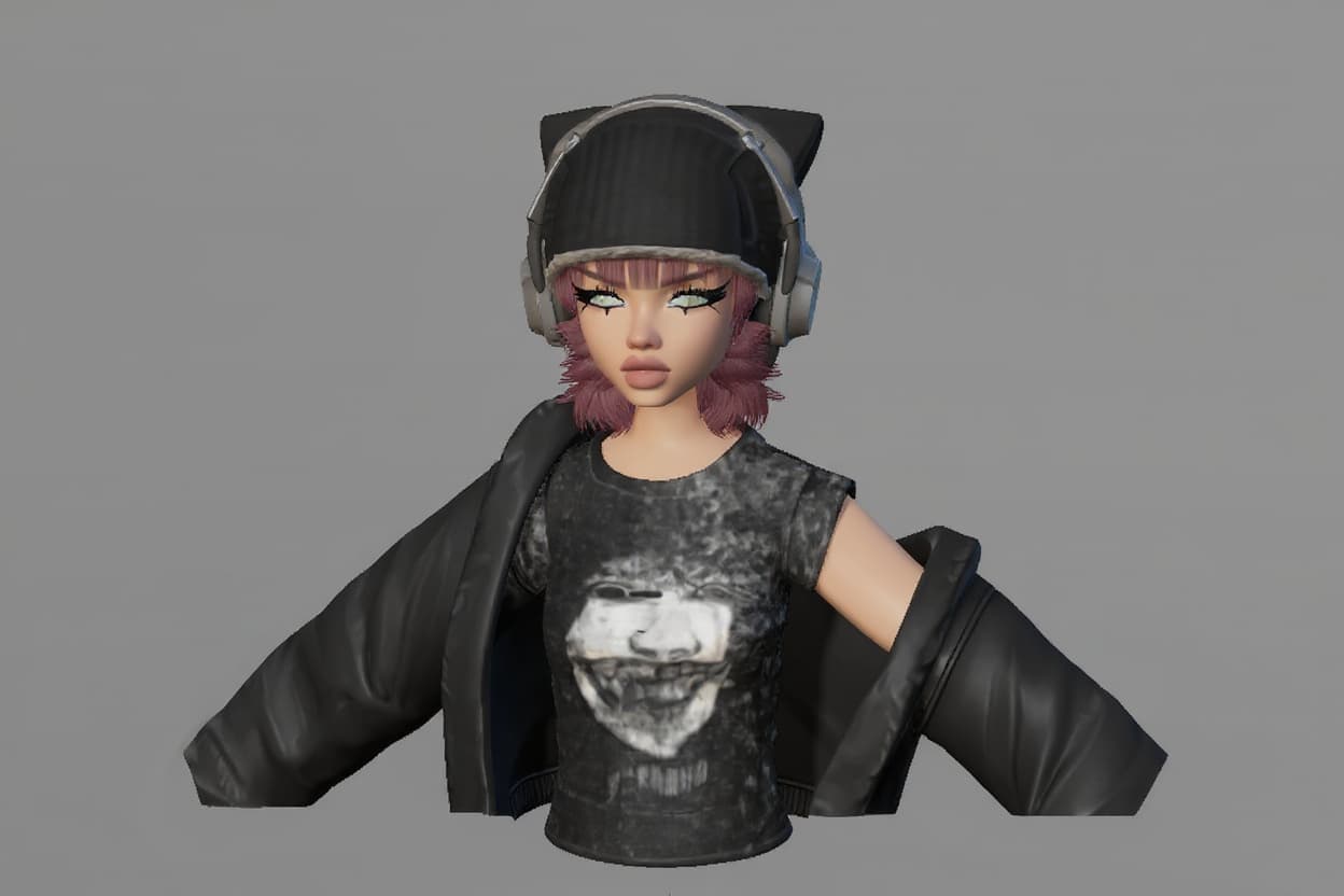 stylized female avatar with cat-ear headphones