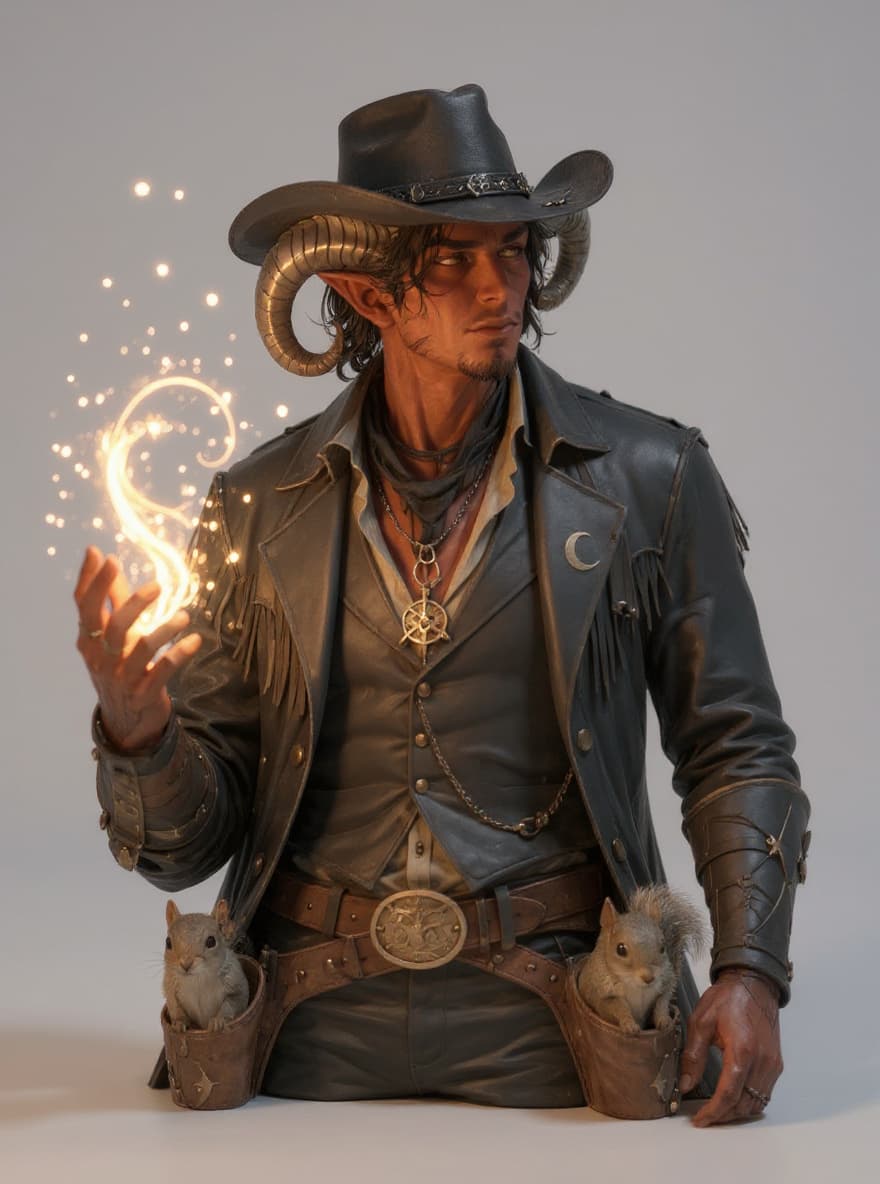 fantasy cowboy character with horns and squirrels