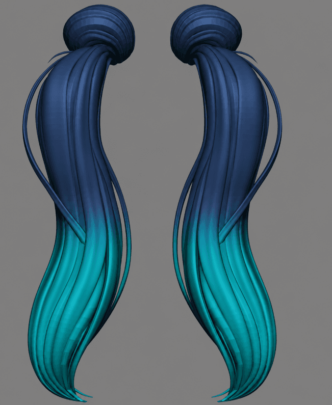 Two stylized blue and teal hair ponytails
