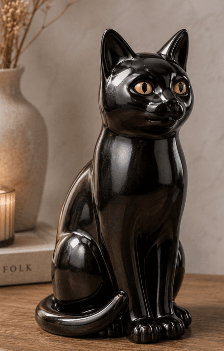 glossy black ceramic cat figurine with yellow eyes