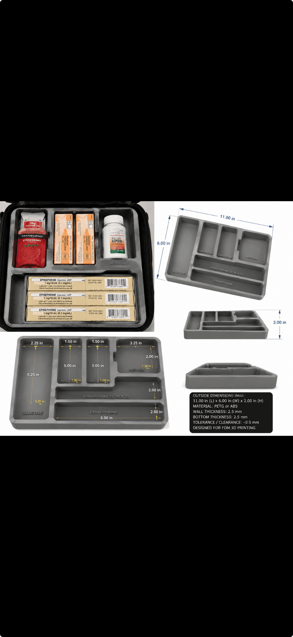 gray 3D printed medical supply organizer tray